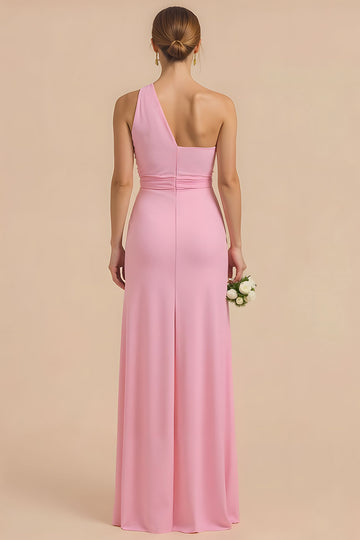 One Shoulder Sheath Candy Pink Bridesmaid Dress